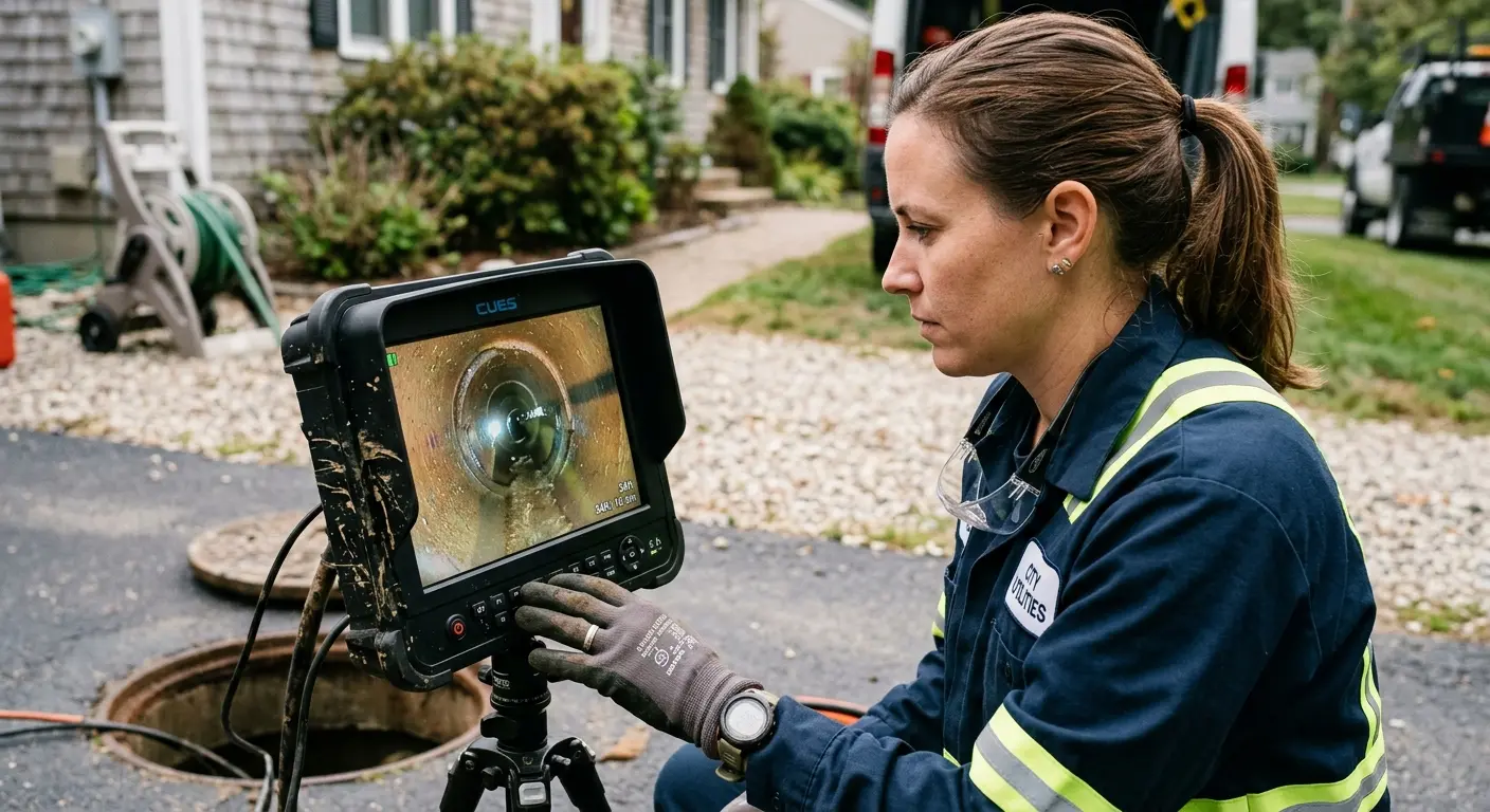 Technician reviewing sewer camera inspection footage in Hollins
