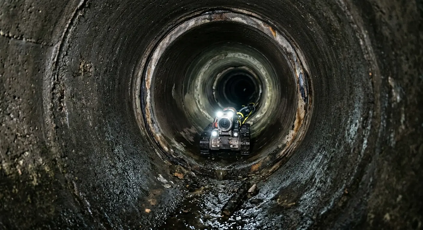 Robotic sewer camera inspecting pipe interior for Sewer Line Cleaning in Hollins