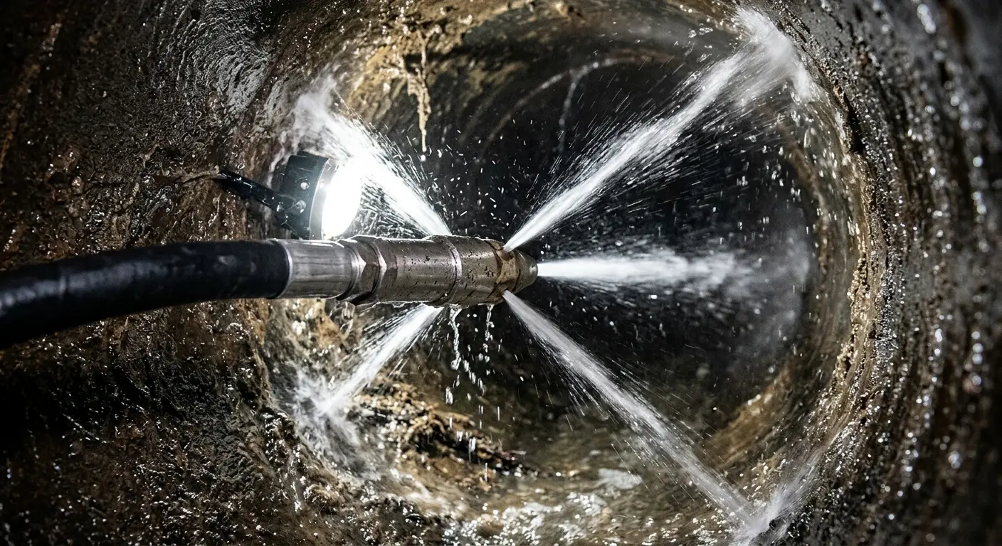 High-pressure hydro jetting nozzle cleaning sewer pipe for Trenchless Sewer Repair in Hollins