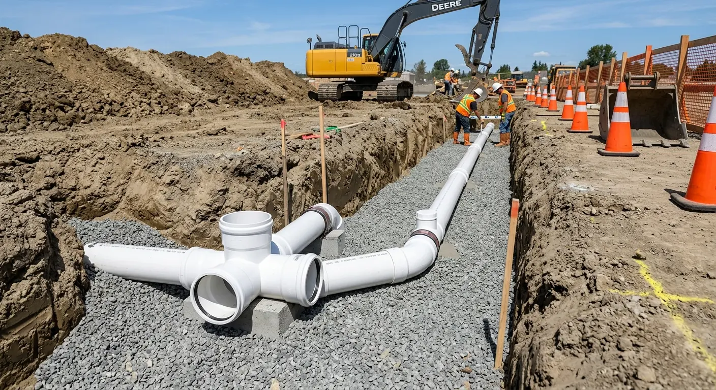 New PVC sewer pipe installation in open trench for Sewer Backup in Hollins