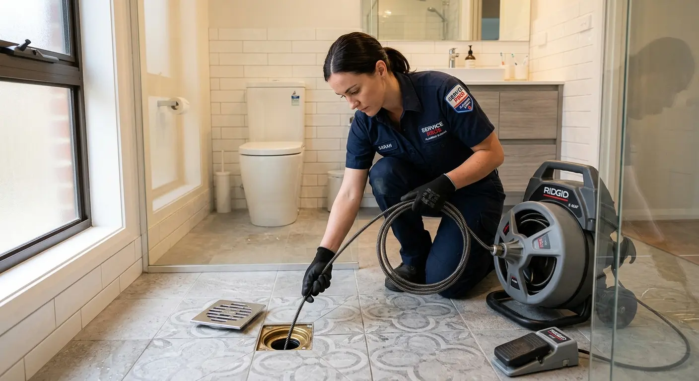 Technician clearing a bathroom floor drain for Hydro Jetting in Hollins